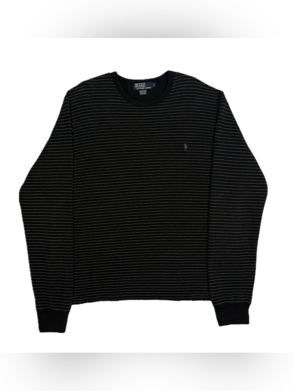Vtg Polo Ralph Lauren 100% cotton black grey striped crewneck sweater men large